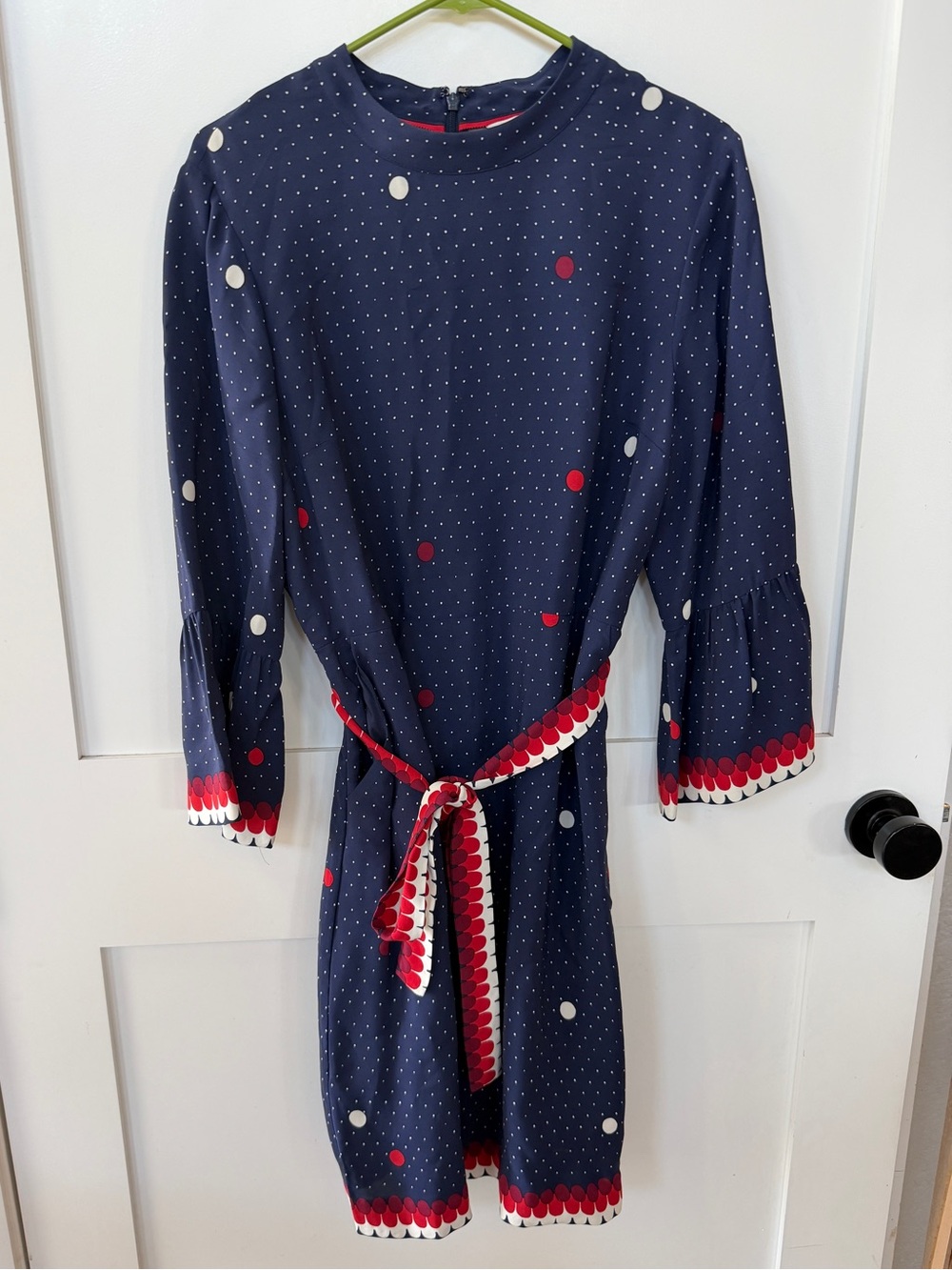 Boden Navy Polka Dot Belted Dress with Red Accent size 12